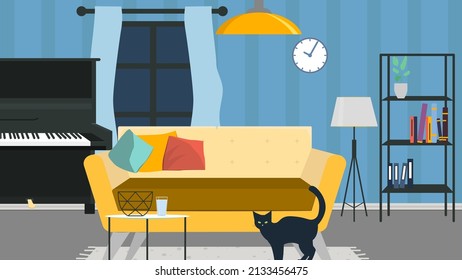 Cozy interior of living room with piano, sofa and cat. Vector illustration