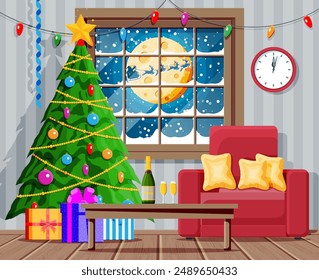 Cozy Interior of Living Room with Window, Armchair, Table, Christmas Tree. Happy New Year Decoration. Merry Christmas Holiday. New Year and Xmas Celebration. Cartoon Flat Vector Illustration