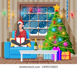 Cozy Interior of Living Room with Window, Girl on Armchair, Table, Christmas Tree. Happy New Year Decoration. Merry Christmas Holiday. New Year and Xmas Celebration. Cartoon Flat Vector Illustration