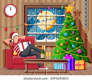 Cozy Interior of Living Room with Window, Man on Armchair, Table, Christmas Tree. Happy New Year Decoration. Merry Christmas Holiday. New Year and Xmas Celebration. Cartoon Flat Vector Illustration