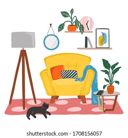 Cozy interior of livivng room with yellow armchair, floor lamp, coffee table, carpet and decor. Home inside design element isolated on a white background. Hand drawn minimal style vector illustration.
