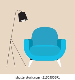 Cozy interior with minimalistic blue scandinavian armchair, floor lamp. Vector illustration in flat style. 