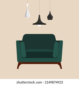 Gemütliches Interieur mit minimalistischen smaragdgrünen Sesseln und Deckenleuchten. Vektorgrafik im Flachstil. 