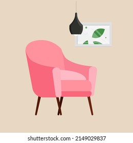 Cozy interior with minimalistic pink scandinavian armchair, wall picture and ceiling lamp, Vector illustration in flat style. 