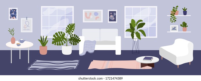 Cozy interior of modern apartment with houseplants. Living room with big windows furnished white furniture. Scandinavian style home decor. Trendy carpet, comfy sofa, decorations. Vector illustration.