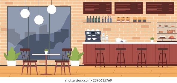 Cozy interior of modern cafeteria with chairs and table. Cake and desserts in fridge. Coffee machine on bar counter, modern furniture. Menu on wall. Cartoon flat isolated vector concept