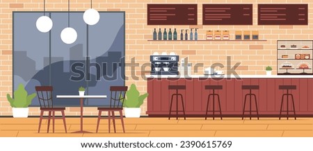 Cozy interior of modern cafeteria with chairs and table. Cake and desserts in fridge. Coffee machine on bar counter, modern furniture. Menu on wall. Cartoon flat isolated vector concept