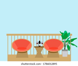 Cozy interior of a modern elegant balconies. Chairs on the terrace. Table, dinner, glasses of wine. A flower in a pot on the windowsill. Railing. Flat style vector design template. Rest. Summer Spring