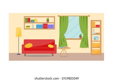 A cozy interior of a modern elegant living room with a sofa, table, furniture, aquarium and various decorations. Flat style vector design template