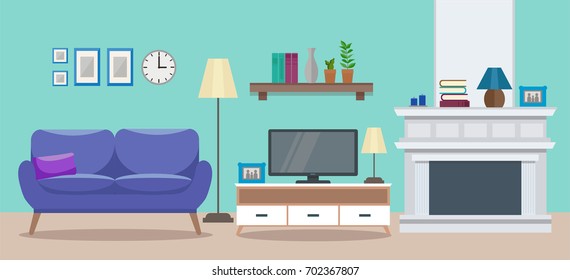 Cozy interior of a modern elegant living room with an armchair, a tv table, a fireplace, and various decorations. Flat style vector design template