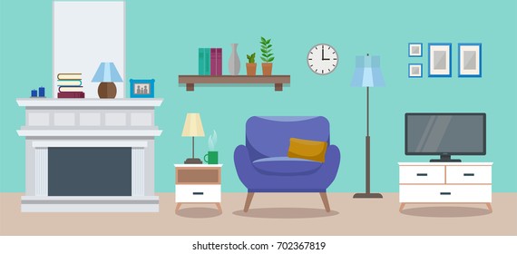 Cozy interior of a modern elegant living room with an armchair, a tv table, a fireplace, and various decorations. Flat style vector design template