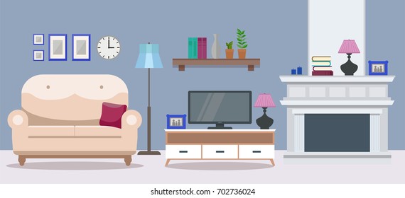 Cozy interior of a modern elegant living room with an sofa, a tv table, a fireplace, and various decorations. Flat style vector design template