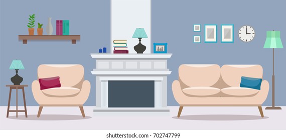 Cozy interior of a modern elegant living room with an armchair, a sofa, a fireplace, and various decorations. Flat style vector design template
