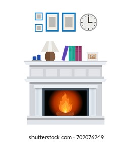 Cozy Interior with a modern fireplace with fire, decorations and pictures on the wall. Flat style, vector design template