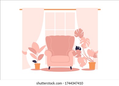 Cozy interior of a modern living room with an armchair, room plants, window and lamp. Vector illustration.