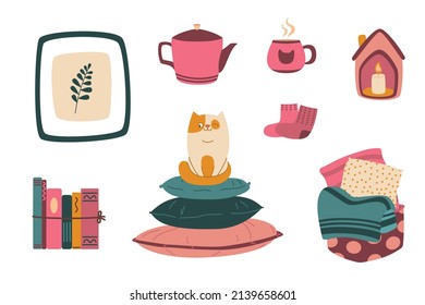 Cozy interior object set. cat on the cushions, basket with covers, hot tea, books and other - home decorations in flat style isolated on white background. Vector illustration, clipart, cartoon.