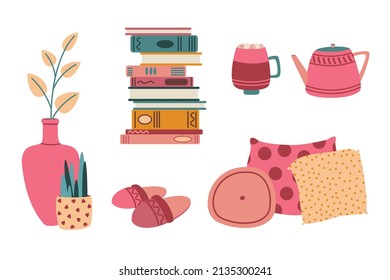 El conjunto de objetos interiores es acogedor. Plantas de la casa sobre jarrones, almohadas, té caliente con malvavisco, libros y zapatillas - decoración de la casa en estilo plano aislado en el fondo blanco. Ilustración vectorial, caricatura.