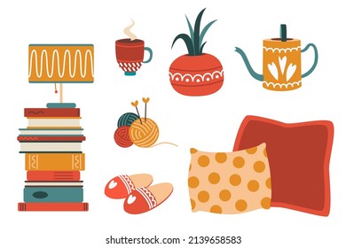 Cozy interior object set. House plant on vase, pillows, hot tea, books and ball of yarn - home decorations in flat style isolated on white background. Vector illustration, clipart, cartoon.