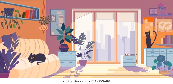 Cozy interior with pets. Cats on furniture. Bright room with wooden floors and indoor plants. Vector illustration