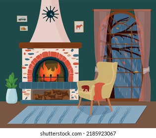 Cozy interior, rainy autumn evening at home. A room with a fireplace and a comfortable armchair. Vector illustration.