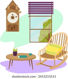 Cozy interior with rocking chair, coffee table, window view, and clock. Home relaxation, peaceful living room setting. Comfortable furniture and home decor vector illustration.