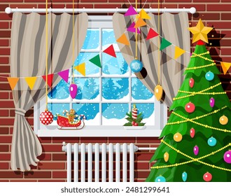 Cozy interior of room with christmas tree. Happy new year decoration. Merry christmas holiday. New year and xmas celebration. Winter landscape, snow, village. Cartoon flat vector illustration.