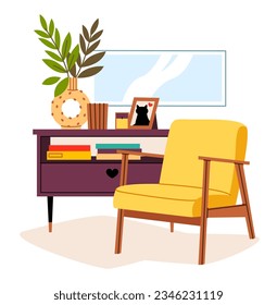 Cozy interior of a room. Comfortable apartment with an armchair, a bedside table and a pot with a plant. Flat modern vector illustration.
