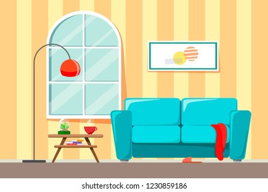 The cozy interior of the room with a sofa and a table with books and a mug of hot drink against the background of the window and the picture. Flat style illustration