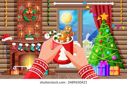 Cozy interior of room with window and fireplace. Happy new year decoration. Merry christmas holiday. New year and xmas celebration. Winter landscape, tree, snow, town. Cartoon flat vector illustration