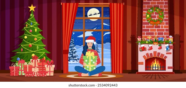 Cozy interior of room with window and fireplace. Happy new year decoration. Merry christmas holiday. New year and xmas celebration. Vector illustration in flat style