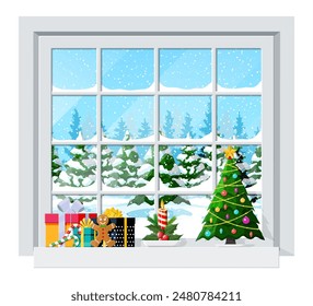 Cozy interior of room with window. Happy new year decoration. Merry christmas holiday. New year and xmas celebration. Winter landscape, tree, snow, village. Cartoon flat vector illustration.