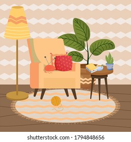 Cozy interior in Scandinavian style, hygge with armchair, floor lamp, coffee table and knitting, handcraft elements. Living room stylish.