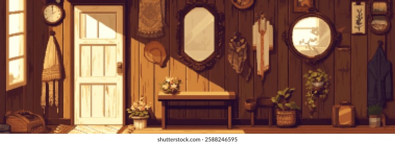 A cozy interior scene featuring wooden walls adorned with mirrors, hats, and decorative items. A table with flowers sits in the center, illuminated by sunlight streaming through a window.