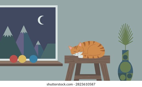 Cozy interior scene with a sleeping tabby cat on a wooden stool next to a window view.