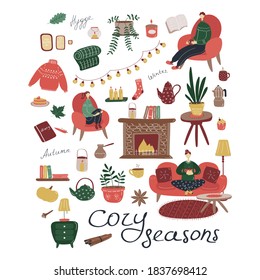 Cozy interior set. Autumn and winter season details. Flat vector graphic