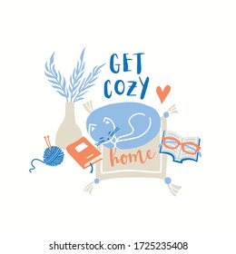 Cozy interior setting with home objects and a cat. Cute hand drawn vector illustration with positive message. Stay at home concept.