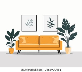 Cozy interior with a sofa and indoor flowers. Vector illustration in flat style.