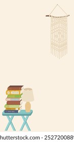 Cozy interior with stacked books, table lamp, and macramé wall hanging. Minimalist and boho inspired design with soft beige background and vintage elements. Stock vector illustration
