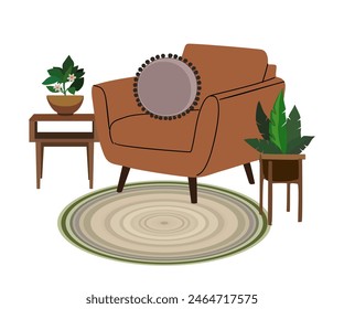 Cozy interior with stylish comfy furniture and home decorations. Mid century modern living room scene with armchair, round cushion, handmade rug, potted house plants. Flat Vector illustration isolated