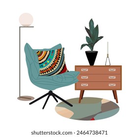 Cozy interior with stylish comfy furniture. Mid century modern living room scene with armchair, colorful cushion, rug, potted house plant, chest of drawers, lamp. Flat Vector illustration isolated.