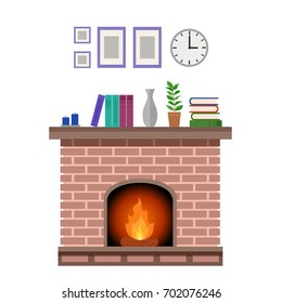 Cozy Interior with a traditional fireplace with fire, decorations and pictures on the wall. Flat style, vector design template