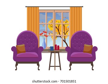 Cozy Interior with two elegant armchairs, a coffee table and a window with a tree