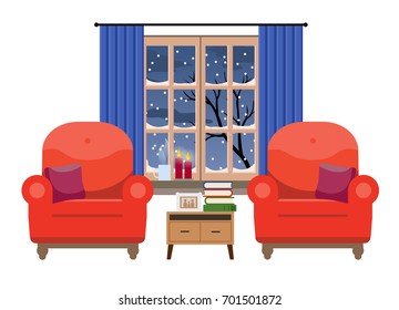 Cozy Interior with two elegant armchairs, a coffee table and a window with a tree
