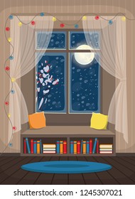 Cozy interior with window, windowsill and bookshelf. Vector illustration in flat cartoon style.