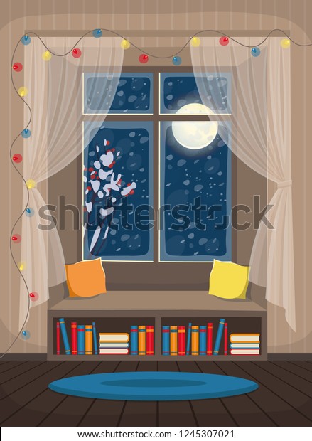 Cozy Interior Window Windowsill Bookshelf Vector Stock Vector