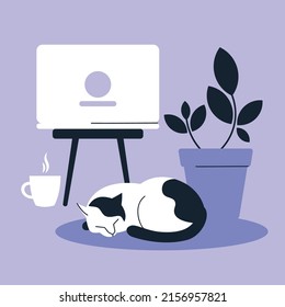 Cozy interior. Work at home. Laptop, cat, indoor plant. Vector image.