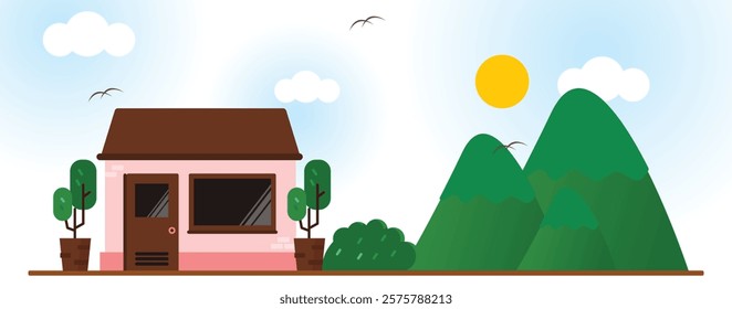 A cozy and inviting illustration of a cottage nestled among the mountains. The warm colors and inviting details create a sense of comfort and warmth. Perfect for home decor, real estate, and lifestyle