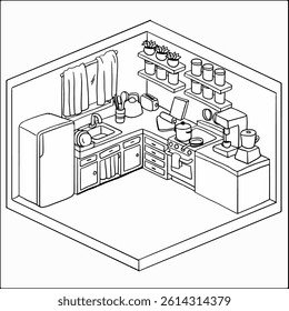 Cozy Isometric Kitchen Illustration with Appliances and Minimalistic Decor. Coloring pages for kid and adult