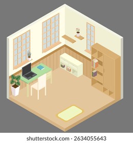 A cozy isometric room featuring desk with computer, chair, bookshelves, and decorative plants. warm colors create welcoming atmosphere