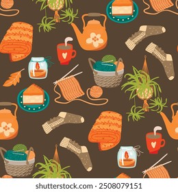 Cozy items seamless pattern with knitting.Cartoon background with house plants, warm blanket, teapot ,cup, socks, candle,pie.Vector designs for printing on fabric ,textile.Cute flat illustration.